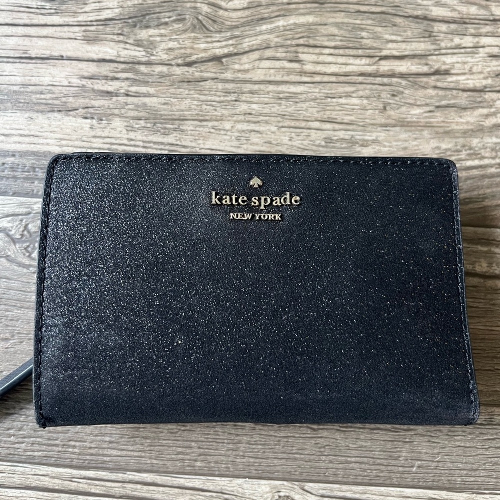 Kate Spade Black Glitter Zip-Around Wristlet Wallet